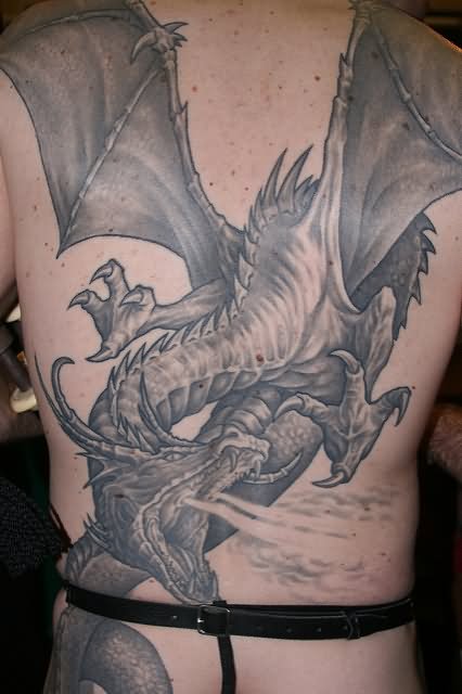 Attractive Grey Ink Gothic Dragon Tattoo On Full Back