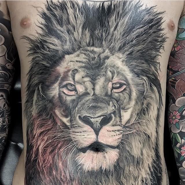 Attractive Grey Ink Lion Head Tattoo On Man Stomach