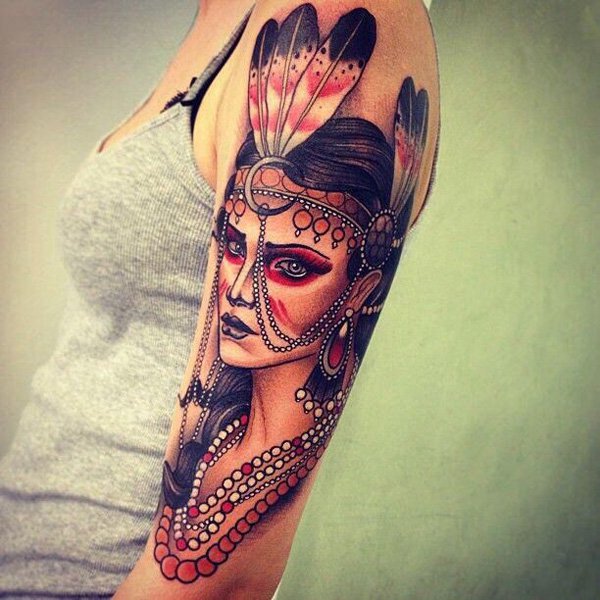 Attractive Indian Chief Female Tattoo On Girl Left Half Sleeve