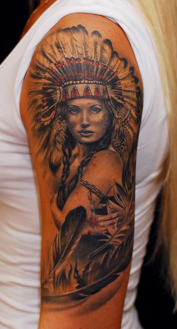 Attractive Indian Chief Female Tattoo On Left Half Sleeve