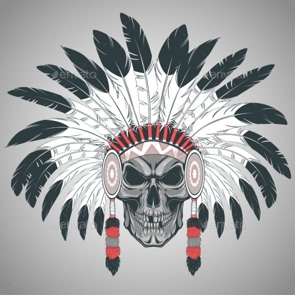 Attractive Indian Chief Skull Head Tattoo Design