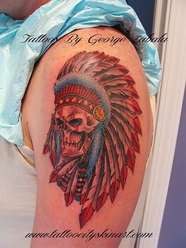 Attractive Indian Chief Skull Head Tattoo On Left Shoulder By George Zabala