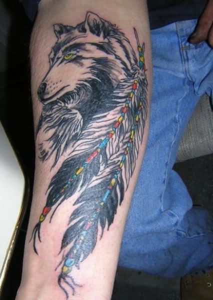 Attractive Indian Chief Wolf Tattoo Design For Sleeve