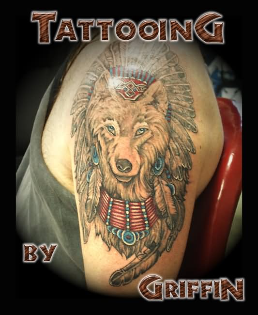 Attractive Indian Chief Wolf Tattoo On Left Shoulder By Griffin