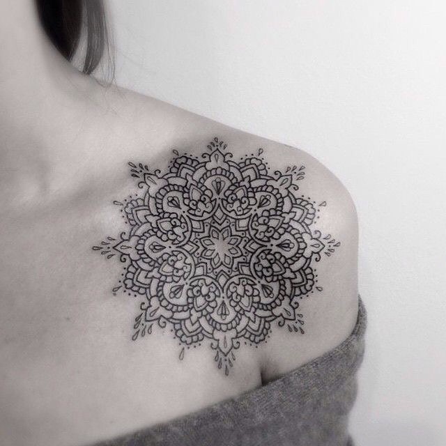 Attractive Mandala Flower Tattoo On Girl Collar Bone