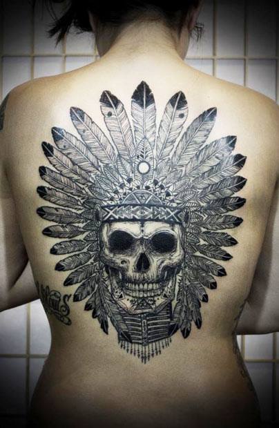Attractive Native Indian Skull Tattoo On Girl Full Back By David Hale