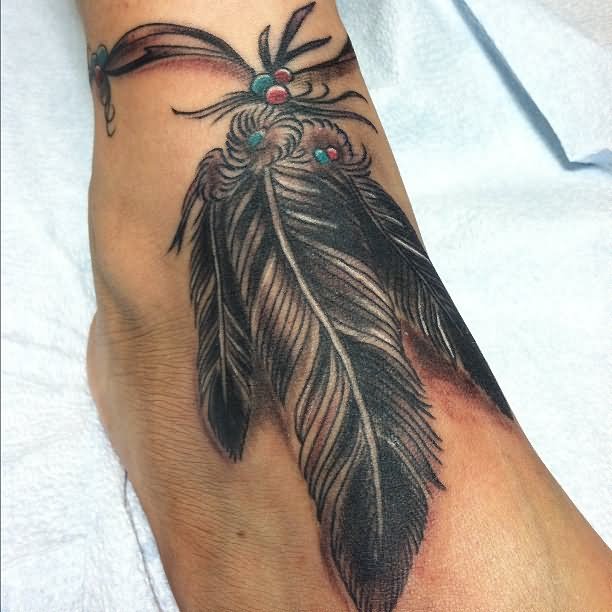 Attractive Rosary Feathers Tattoo Design For Ankle