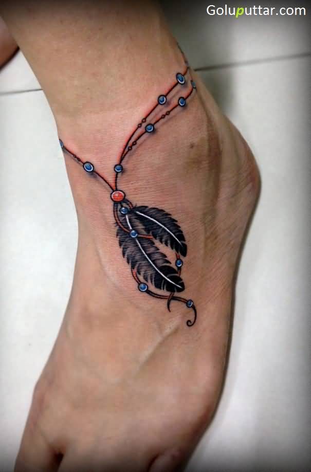Attractive Rosary Feathers Tattoo On Ankle