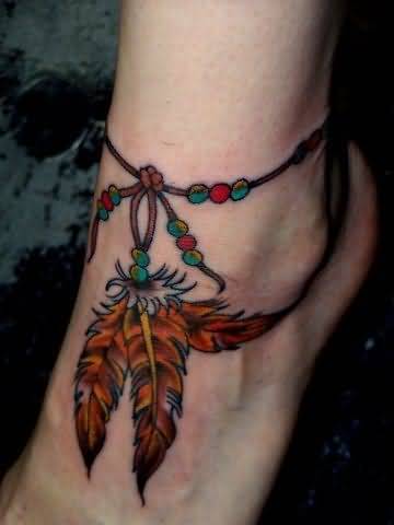 Attractive Rosary Feathers Tattoo On Left Ankle