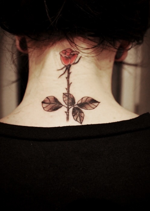 Attractive Rose Tattoo On Back Neck