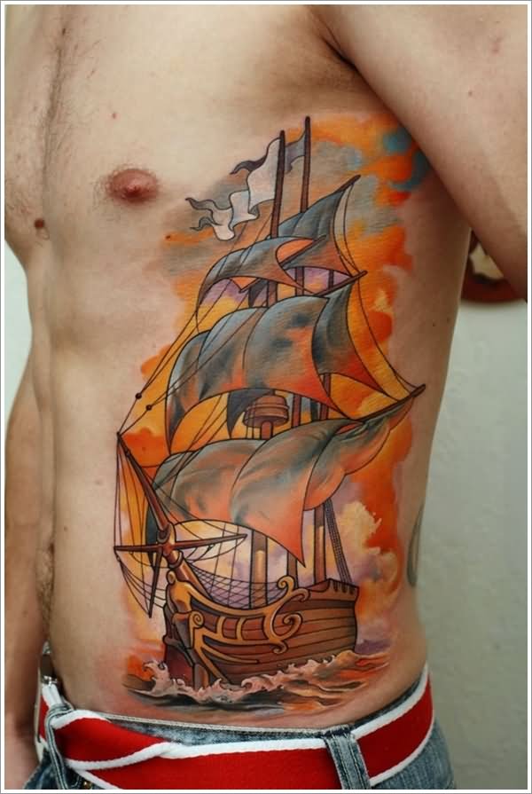 Attractive Ship Tattoo On Man Stomach
