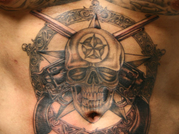Attractive Skull With Two Crossing Guns Tattoo On Man Stomach