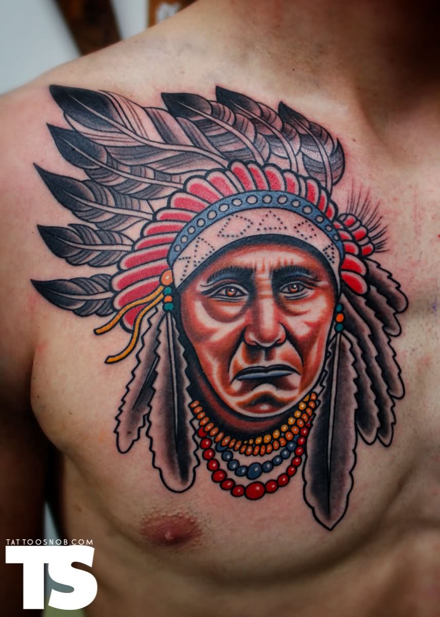 Attractive Traditional Indian Chief Tattoo On Man Right Chest By Dave Wah
