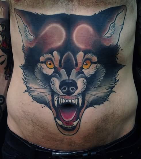 Attractive Wolf Face Tattoo Design For Men Stomach