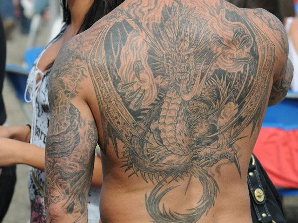 Awesome Grey Ink Gothic Dragon Tattoo On Full Back