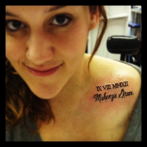 Awesome Roman Numeral Tattoo On Girl Left Collar Bone
