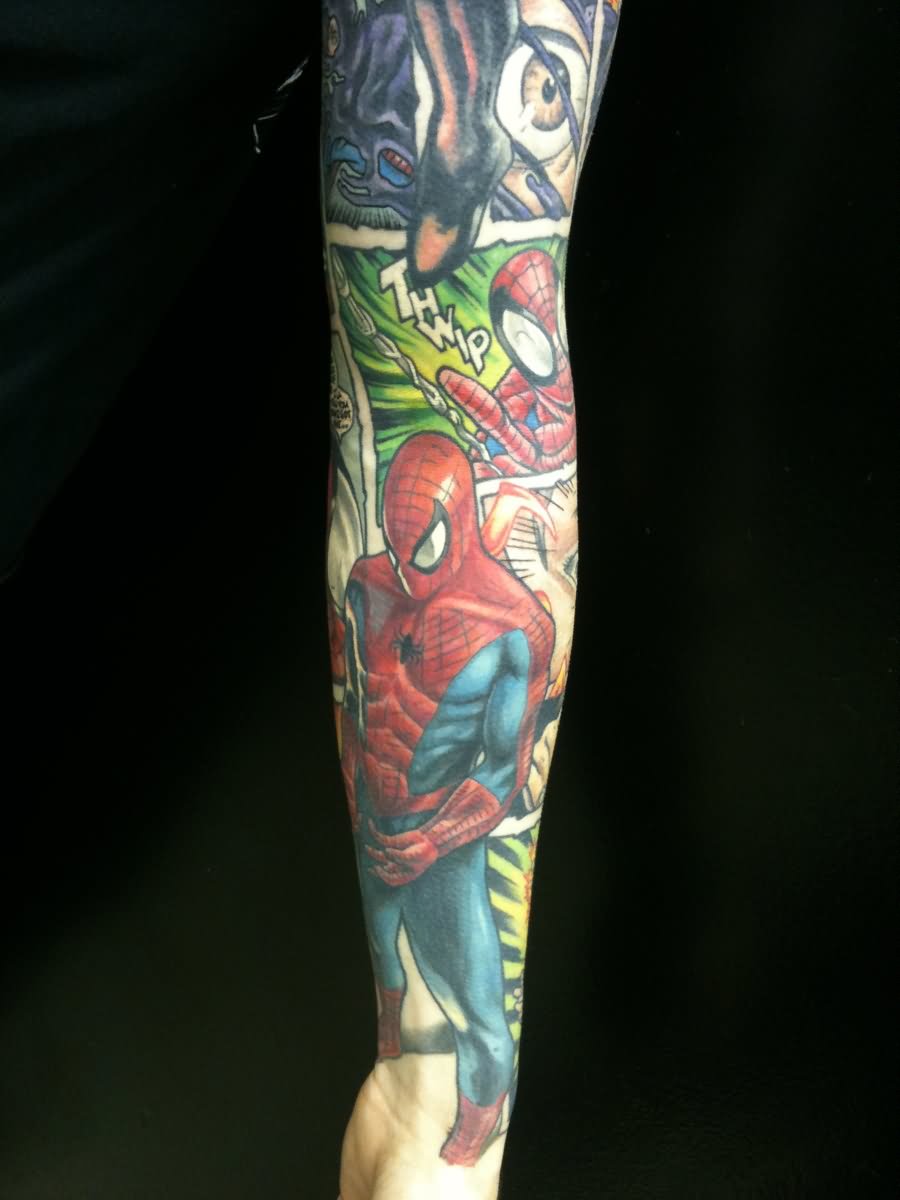 Awesome Spiderman Tattoo On Left Sleeve