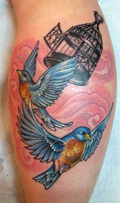 Back Leg Flying Birds And Cage Tattoo