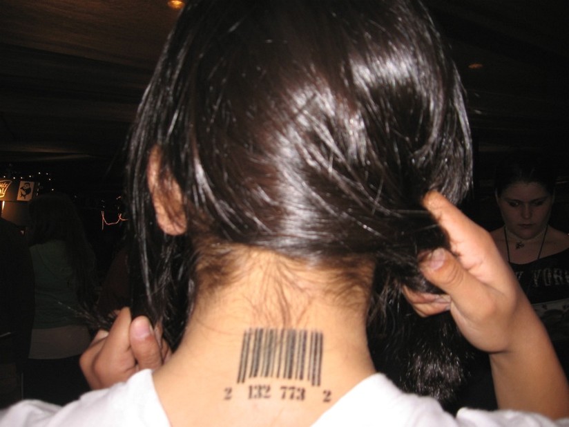 Barcode Tattoo On Girl Back Neck