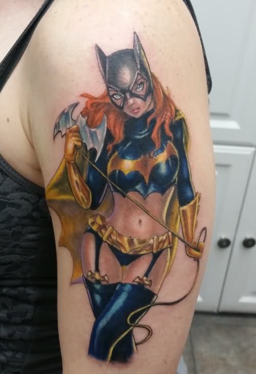 Batgirl Tattoo On Left Half Sleeve by Kenny Curtis
