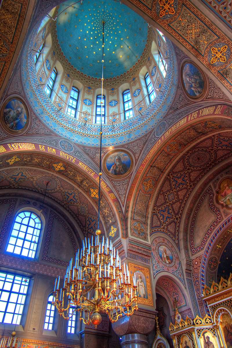 Beautiful Dome And Chandelier Inside The Uspenski Cathedral