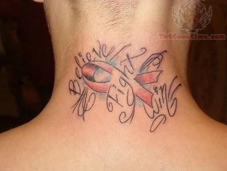 Believe Fight Win Words With Cancer Ribbon Tattoo On Back Neck