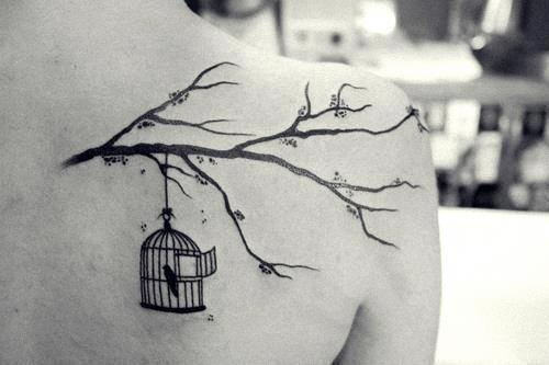 Bird Cage Hanged on Tree Tattoo On Right Back Shoulder