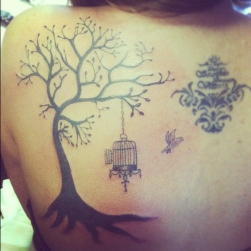 Bird Cage Tattoo On Tree Tattoo On Back Shoulder