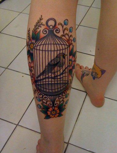 Bird In Cage Tattoo On Leg Calf