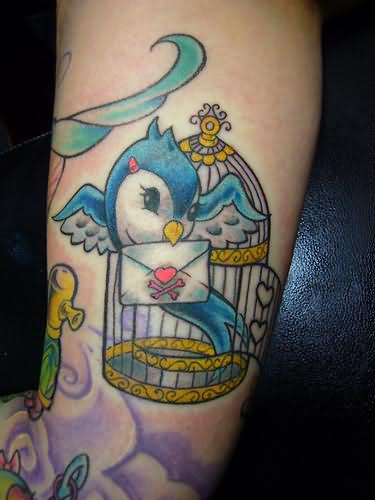 Bird With Letter In Beak Cage Tattoo On Sleeve