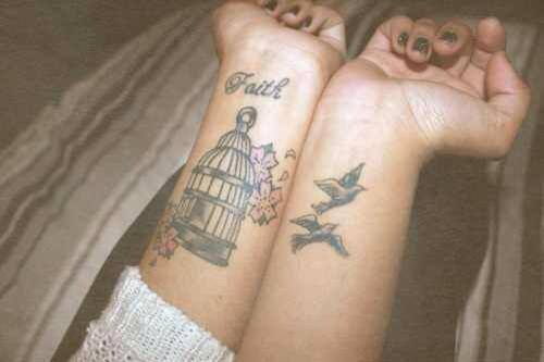 Birds And Cage Tattoos On Both Wrists