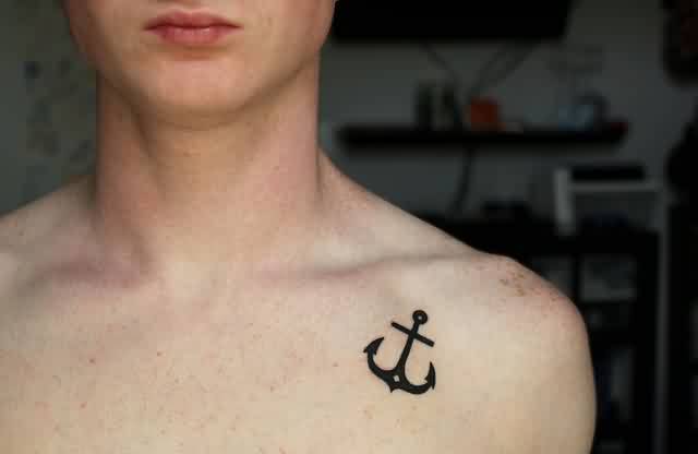 Black Anchor Tattoo Design For Men Collar Bone