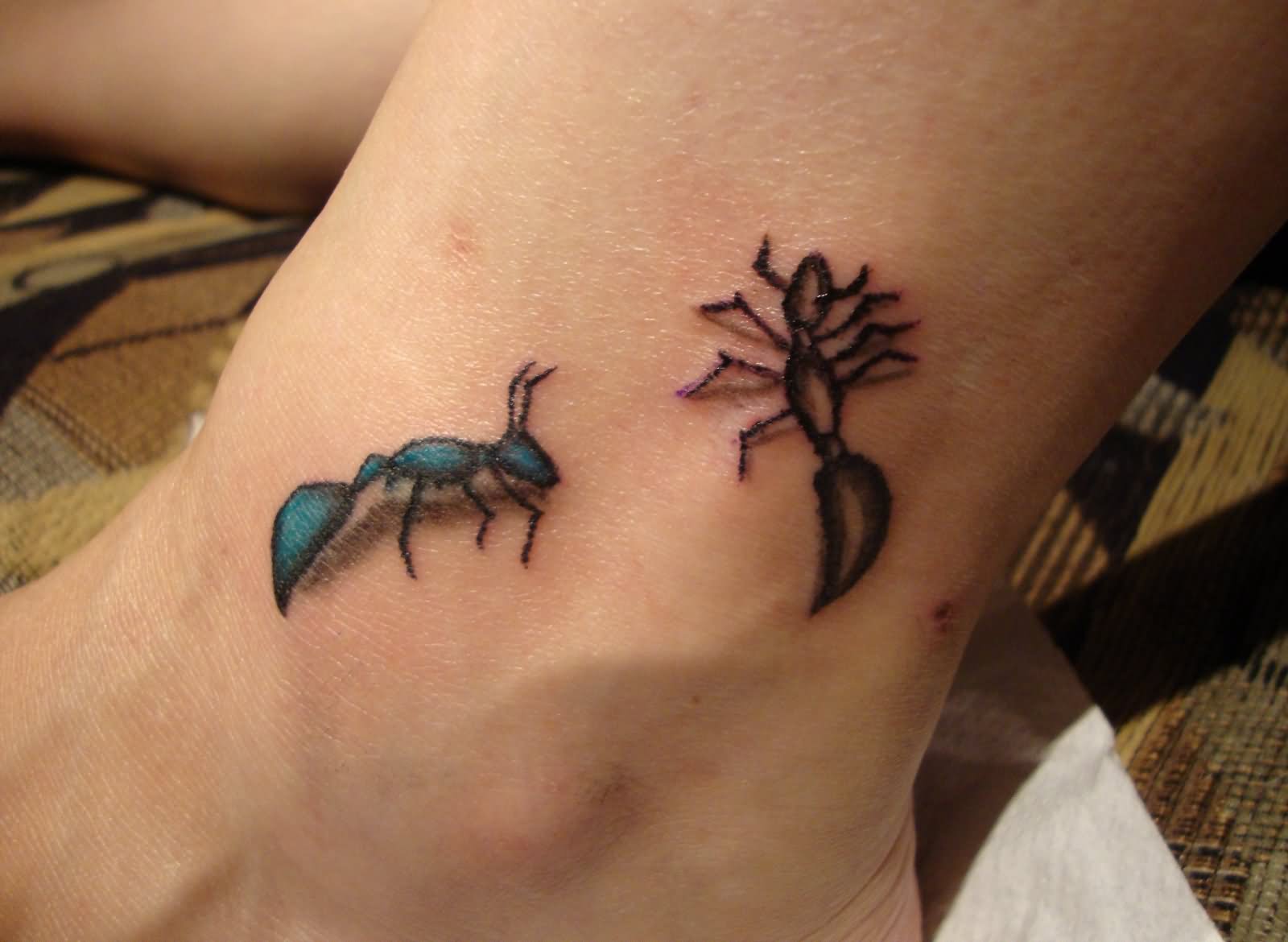 Black And Blue Ant Tattoo On Ankle