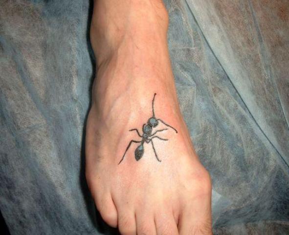Black And Blue Ant Tattoo On Right Foot