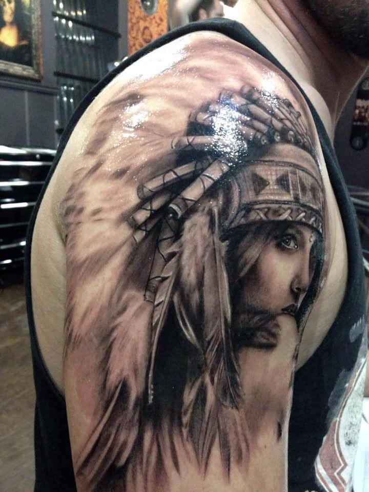 Black And Grey 3D Indian Chief Female Tattoo On Man Right Shoulder