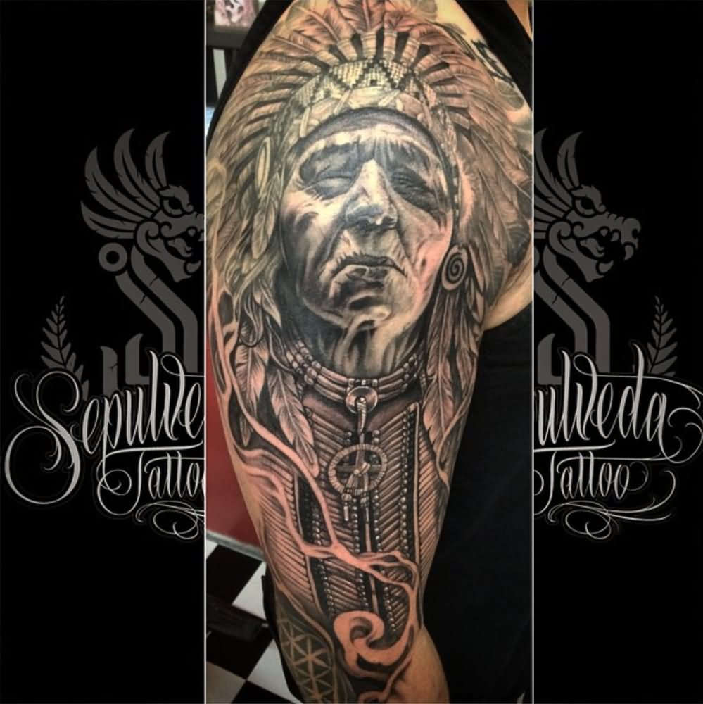 Black And Grey 3D Indian Chief Tattoo On Man Right Half Sleeve