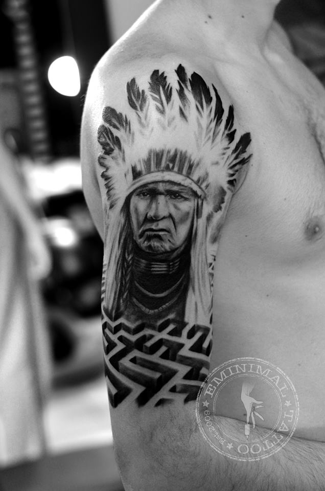 Black And Grey 3D Indian Chief Tattoo On Right Half Sleeve By Emilija