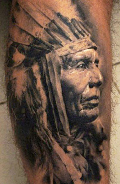 Black And Grey 3D Indian Native Tattoo Design For Sleeve