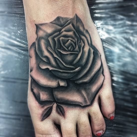 Black And Grey 3D Rose Tattoo On Girl Left Foot