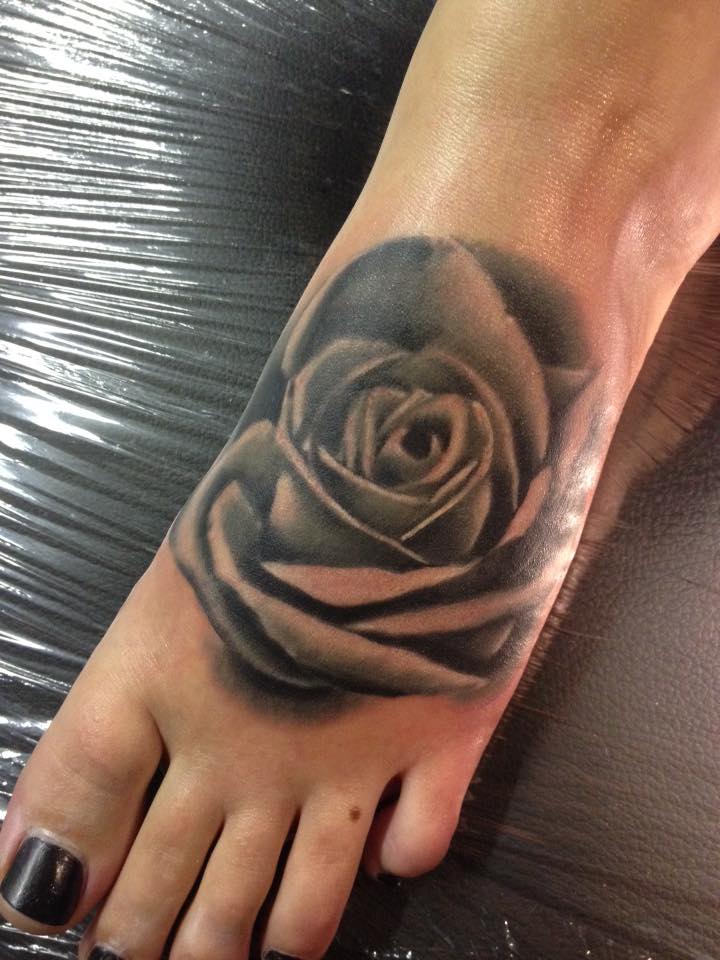 Black And Grey 3D Rose Tattoo On Left Foot
