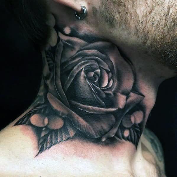 Black And Grey 3D Rose Tattoo On Man Side Neck