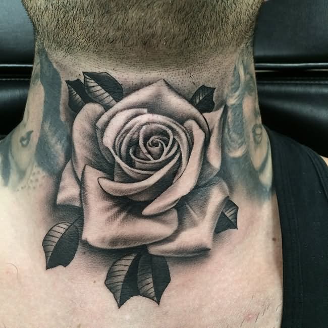 Black And Grey 3D Rose Tattoo On Neck.