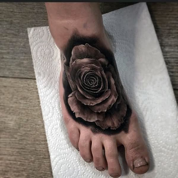 Black And Grey 3D Rose Tattoo On Right Foot