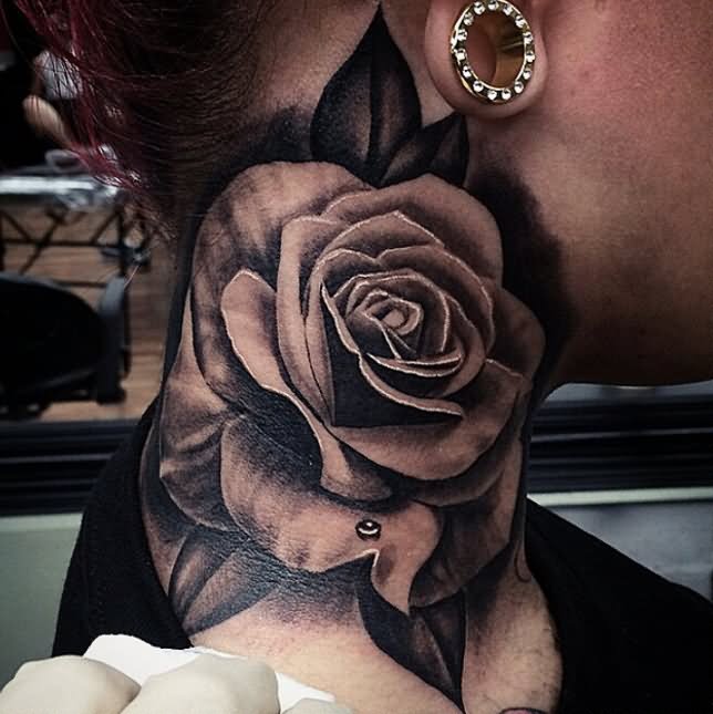 Black And Grey 3D Rose Tattoo On Side Neck