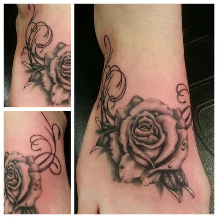 Black And Grey 3D Roses Tattoo On Right Foot