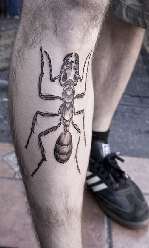 Black And Grey Ant Tattoo On Right Leg