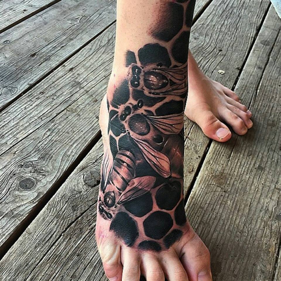 Black And Grey Bee Tattoos On Right Foot