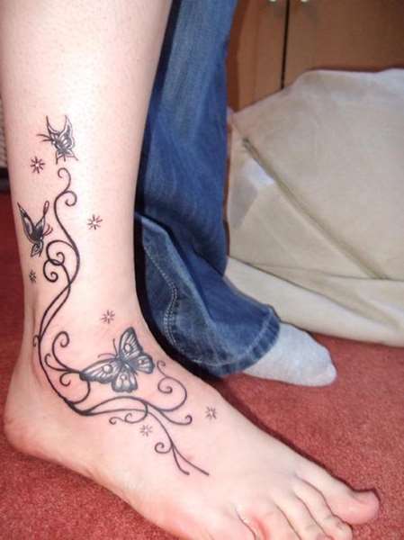 Black And Grey Butterflies Tattoo On Right Ankle