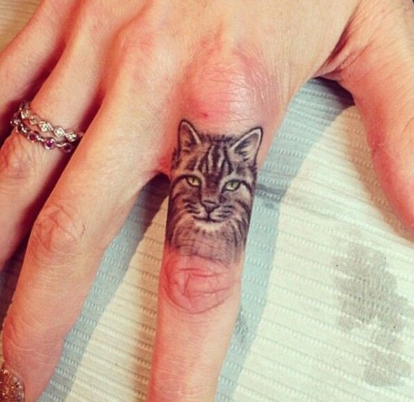 Black And Grey Cat Face Tattoo On Finger