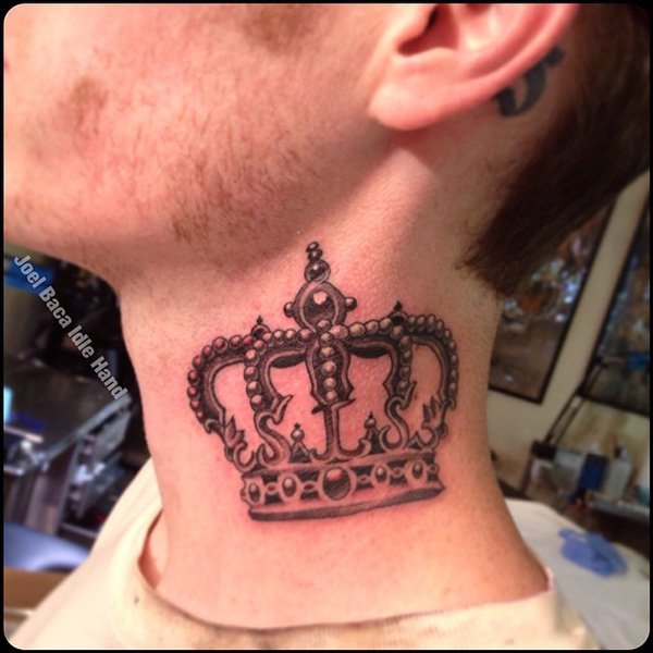 Black And Grey Crown Tattoo On Man Side Neck
